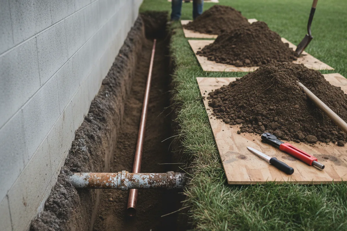 Excavated water line trench during Sewer Line Repair in Woodlyn